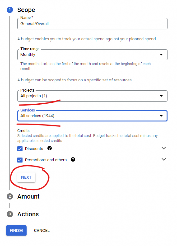 Screenshot of Google Cloud Platform - Create budget form