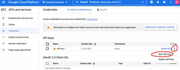 Screenshot of Google Cloud Platform - Edit API key