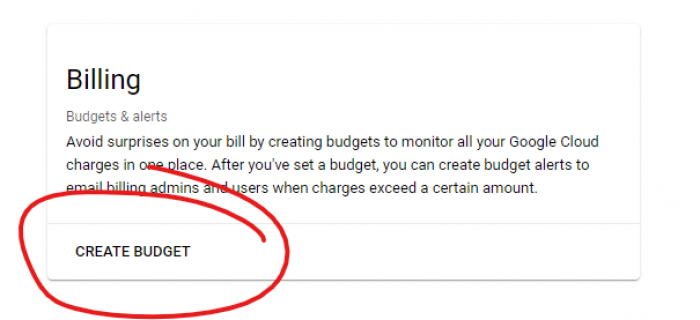 Screenshot of Google Cloud Platform - Create budget button