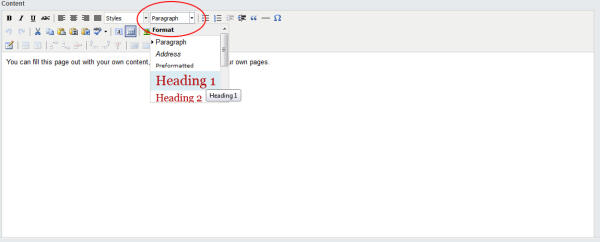 content editor part 1 headings format dropdown